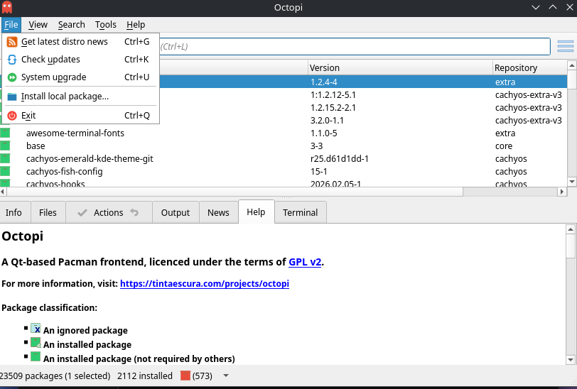 Octopi with the File menu open, showing the Install local package option