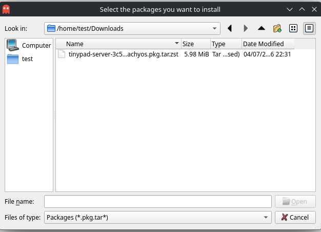 Octopi file picker showing the tinypad-server package in the Downloads folder