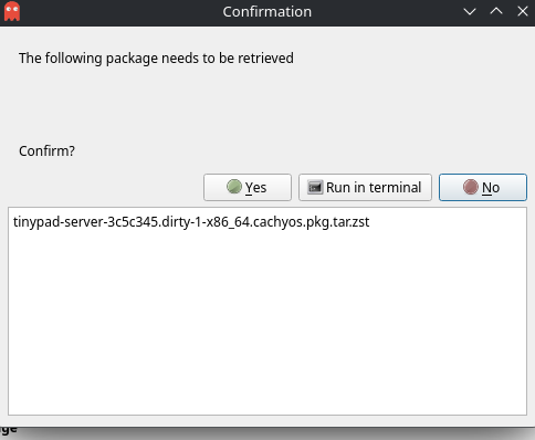 Octopi confirmation dialog listing the tinypad-server package with a Yes button