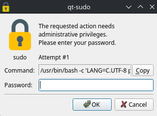 Authentication dialog asking for a password to install the package