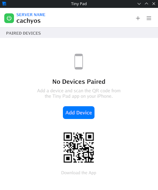 Tiny Pad Server showing the server name, a green power button and the No Devices Paired empty state