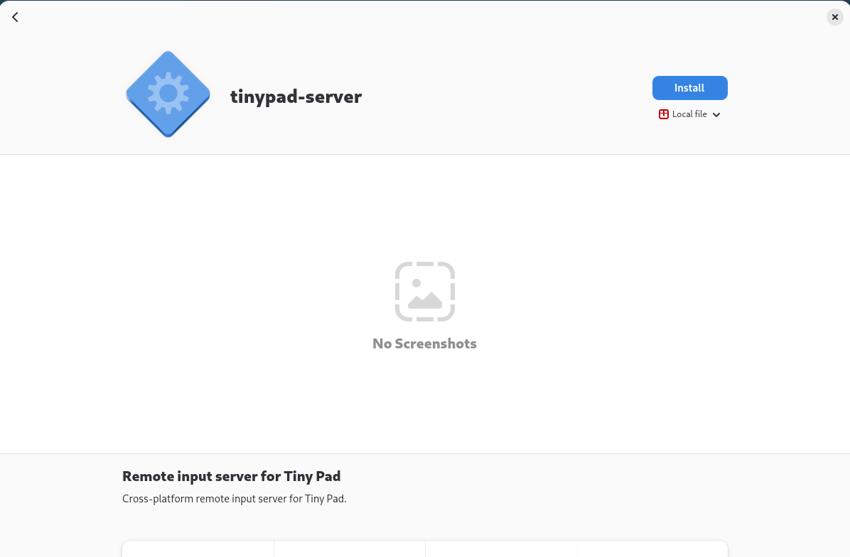 GNOME Software showing tinypad-server from a local file with the Install button