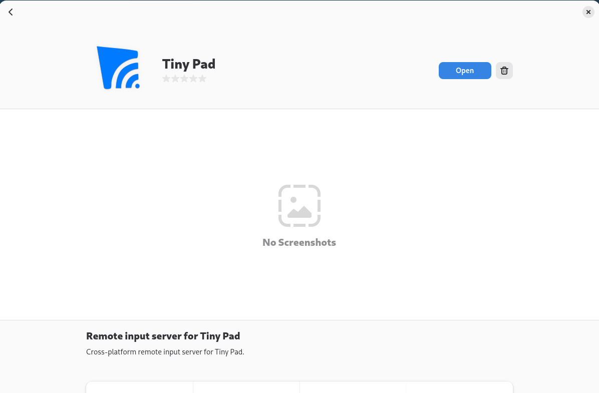 GNOME Software showing Tiny Pad installed with an Open button