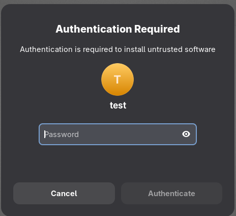 Authentication dialog asking for a password to install the software