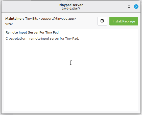 Linux Mint Package Installer showing tinypad-server with the Install Package button