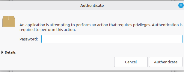 Authentication Required dialog asking for a password to install the package
