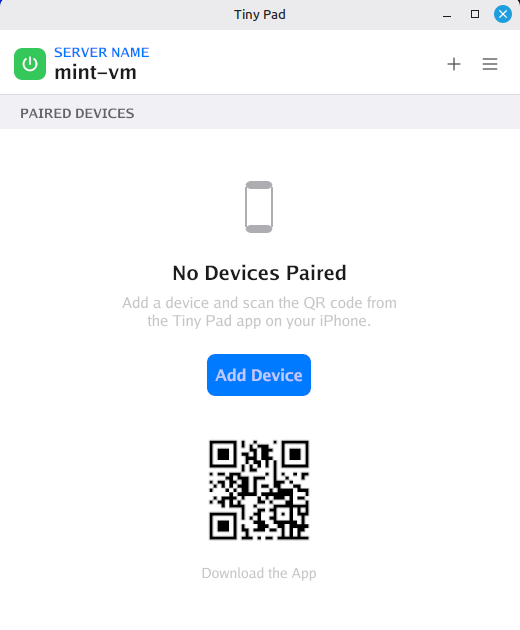 Tiny Pad Server on Linux Mint showing the server name, a green power button and the No Devices Paired empty state