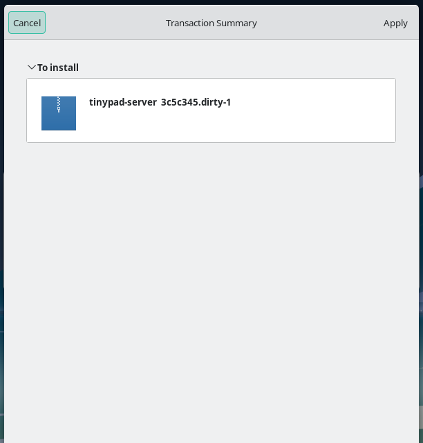 Pamac Transaction Summary showing tinypad-server under To install with an Apply button