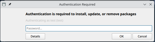 Authentication Required dialog asking for a password to install packages