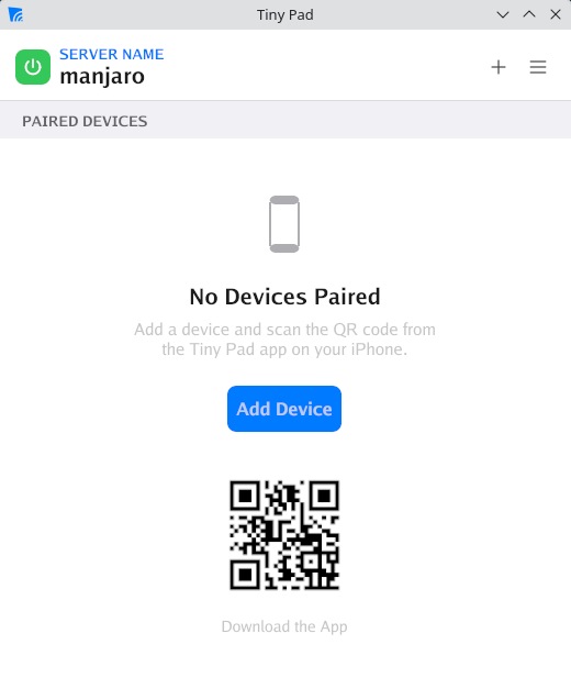 Tiny Pad Server showing the server name, a green power button and the No Devices Paired empty state