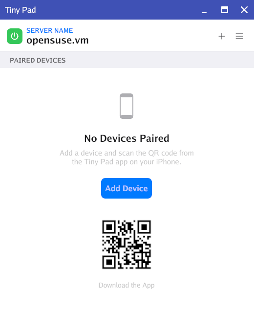 Tiny Pad Server showing the server name, a green power button and the No Devices Paired empty state