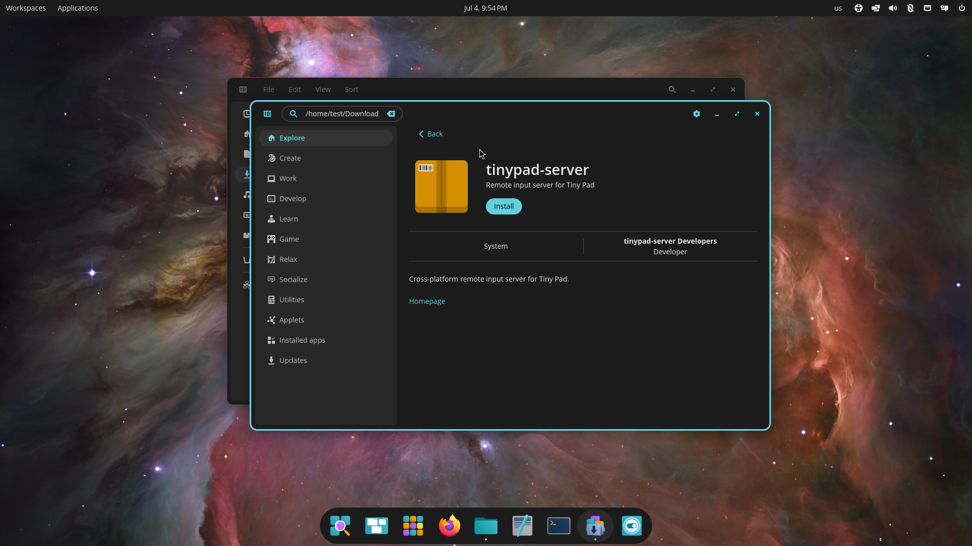 COSMIC Store showing tinypad-server from a local file with the Install button