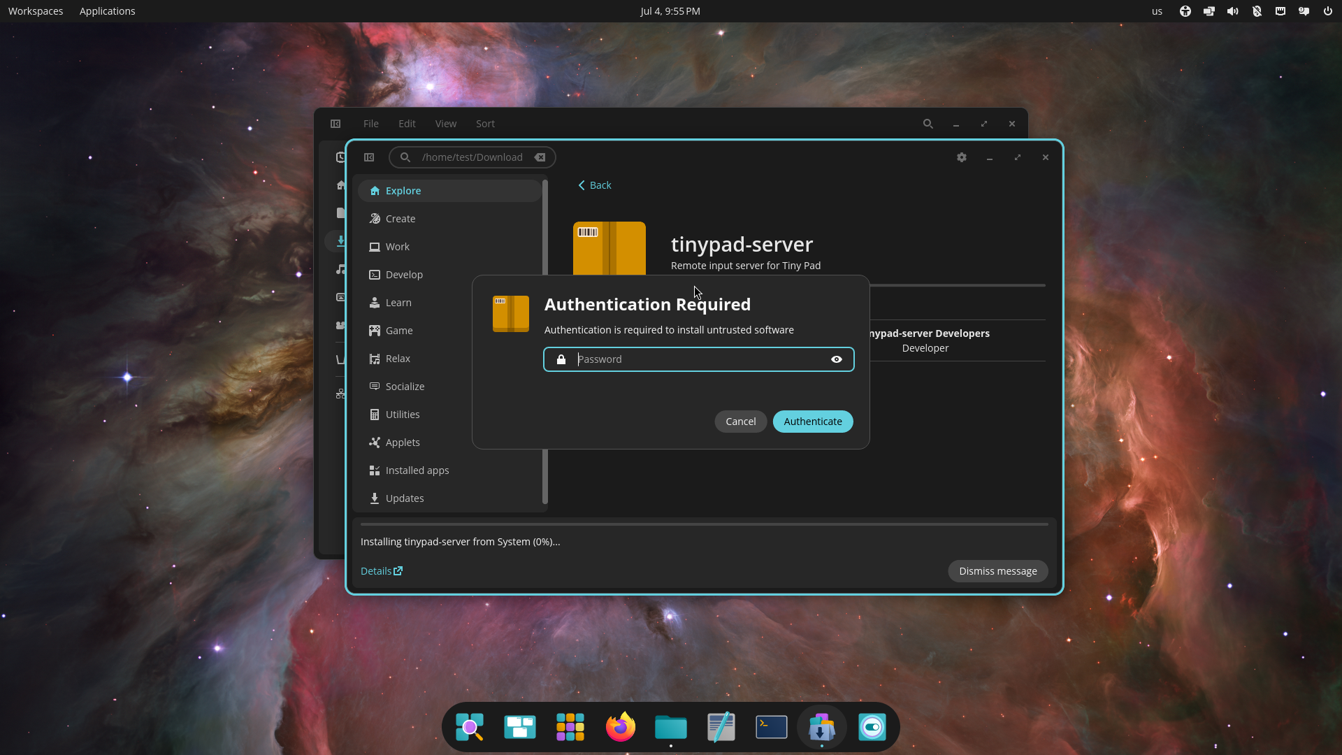 Authentication Required dialog asking for a password to install the software