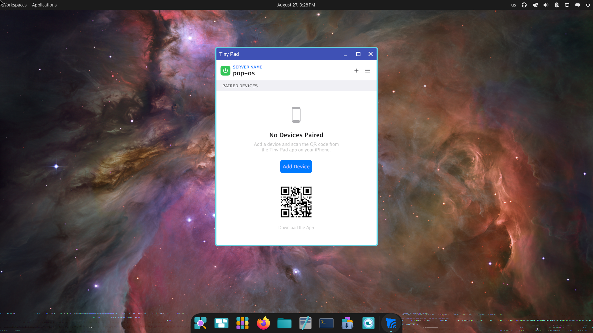Tiny Pad Server on Pop!_OS showing the server name, a green power button and the No Devices Paired empty state