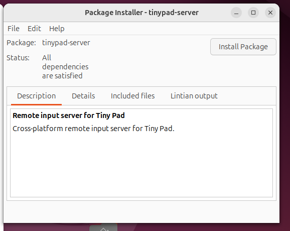 GDebi Package Installer showing tinypad-server with the Install Package button