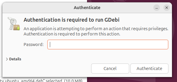 Authentication dialog asking for a password to run GDebi