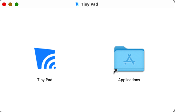 The Tiny Pad disk image window, with the app icon beside a shortcut to the Applications folder
