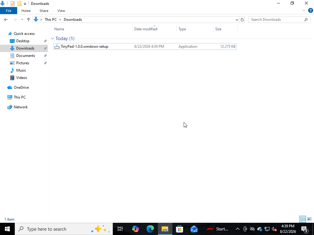 The Tiny Pad Windows installer shown in the Downloads folder in File Explorer
