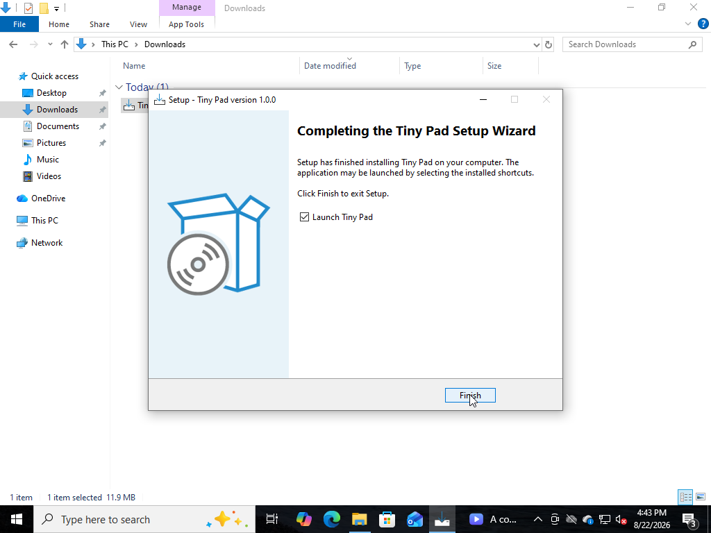 Completing the Tiny Pad Setup Wizard page with Launch Tiny Pad ticked