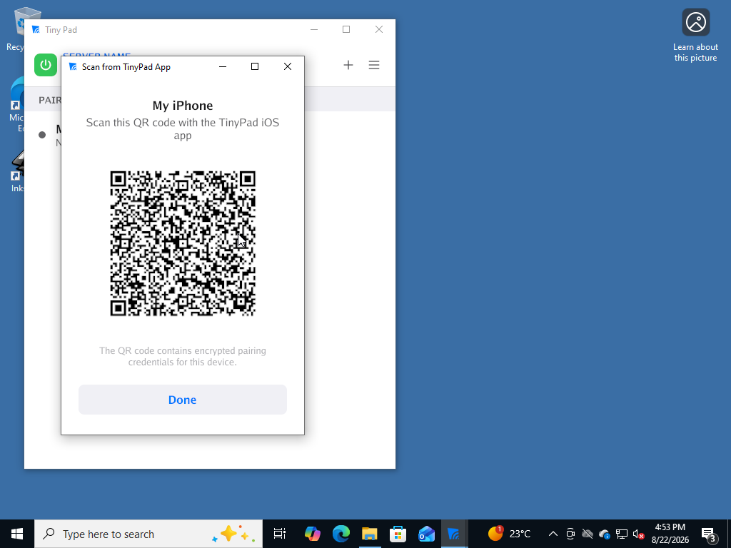 Tiny Pad pairing window: Scan this QR code with the Tiny Pad iOS app