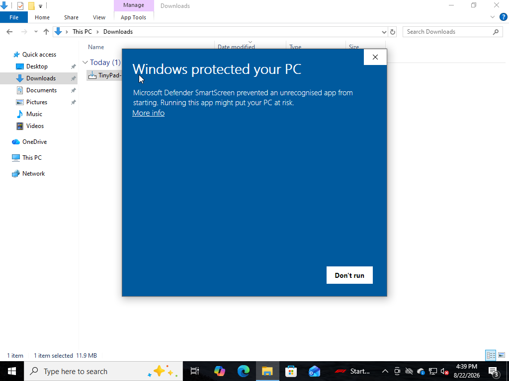 Windows protected your PC SmartScreen dialog with a More info link