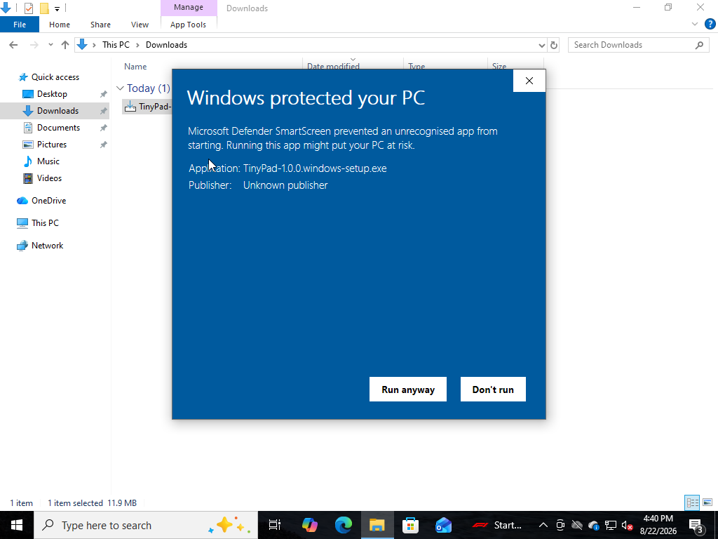 SmartScreen expanded showing the installer name with a Run anyway button