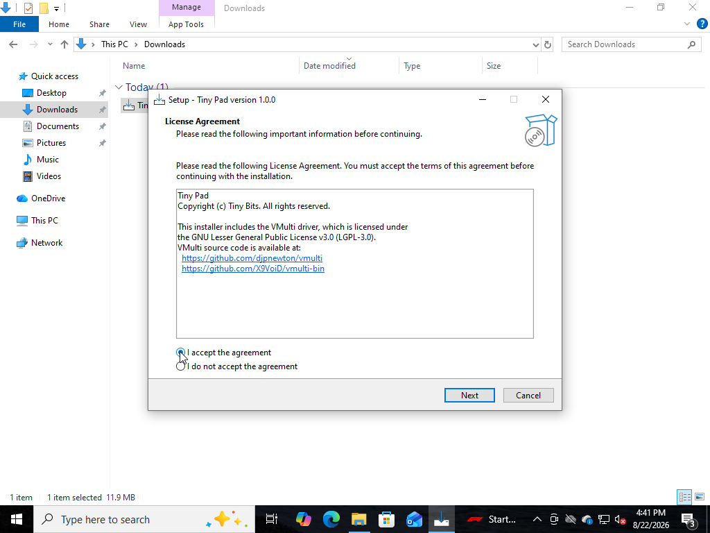 Setup wizard License Agreement page with I accept the agreement selected