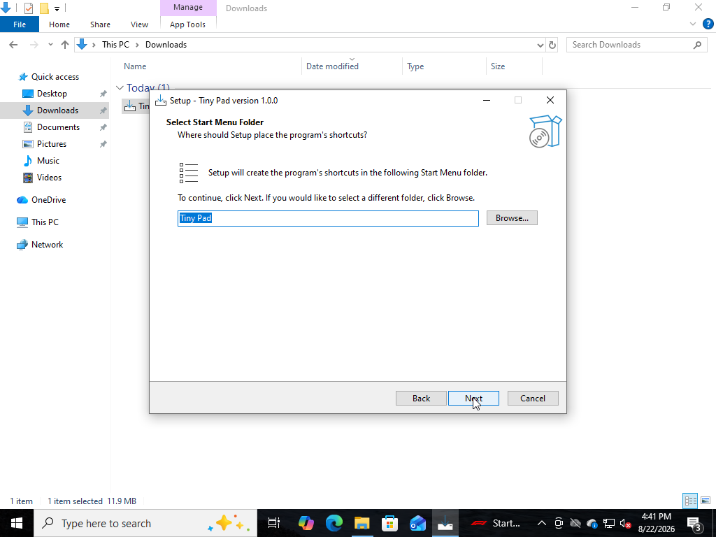 Select Start Menu Folder page showing the Tiny Pad group