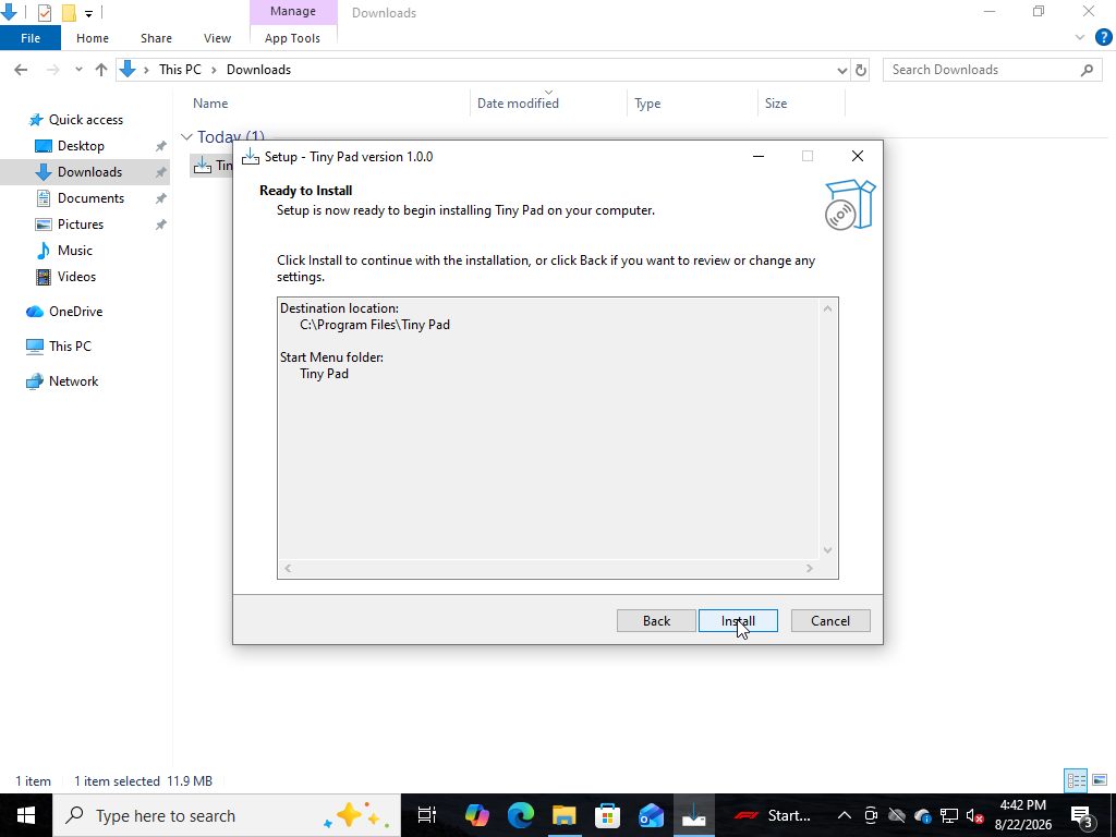 Ready to Install page listing the destination and Start Menu folder