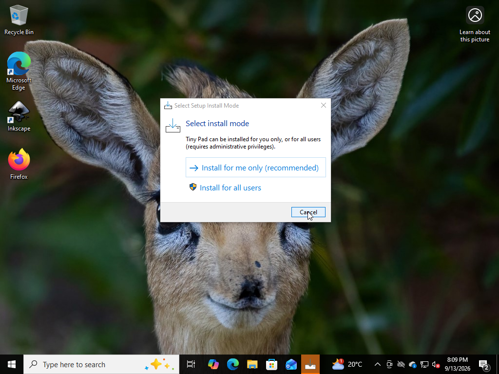 Select Setup Install Mode dialog offering Install for me only or Install for all users