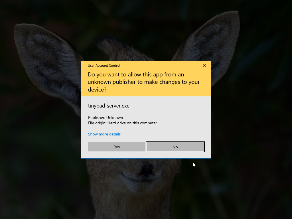 User Account Control prompt asking to allow Tiny Pad to install the pen-tablet driver